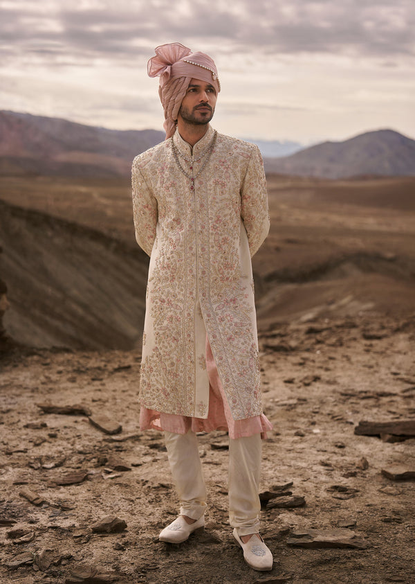 Pink Silk Sherwani Set With Floral Embroidery