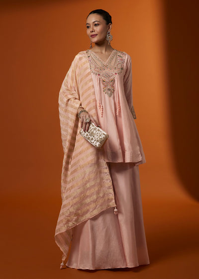 Pink Silk Zardosi Flared Kurta Palazzo Set