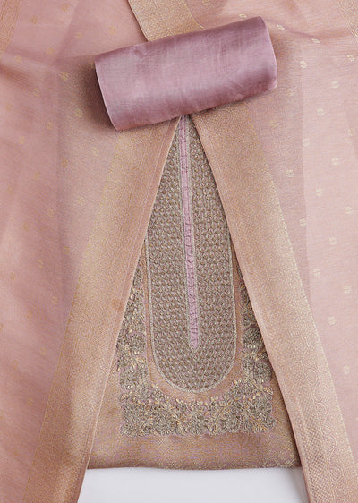 Pink Tissue Brocade Zari Embroidered Dress Material Set