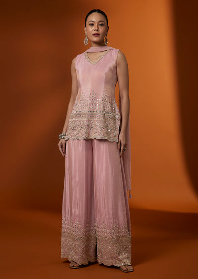 Pink Tissue Palazzo Suit Set With Zari And Sequin Embroidery