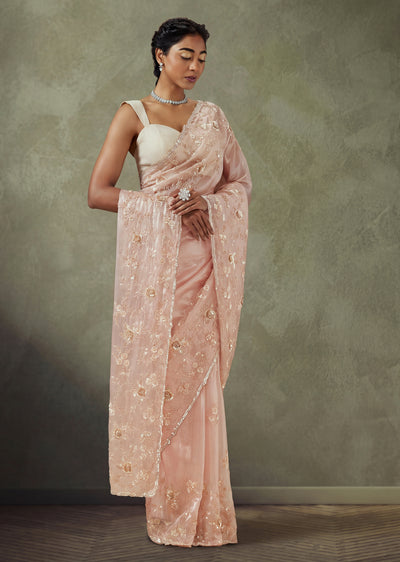 Pink Tissue Saree With Cut Dana And Sequin Embellished Pallu