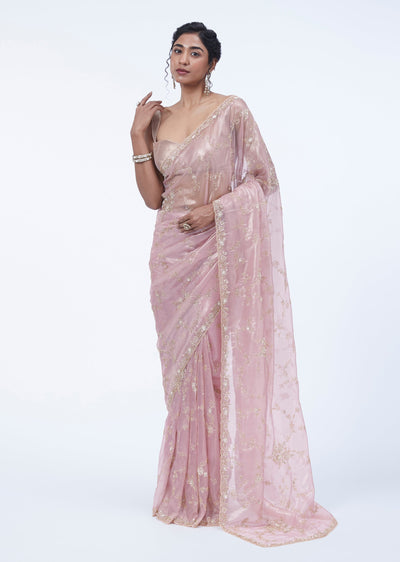 Pink Tissue Saree With Sequin And Cutdana Jaal Work And Unstitched Blouse