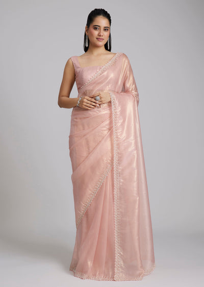 Pink Tissue Saree With Stones And Zigzag Border