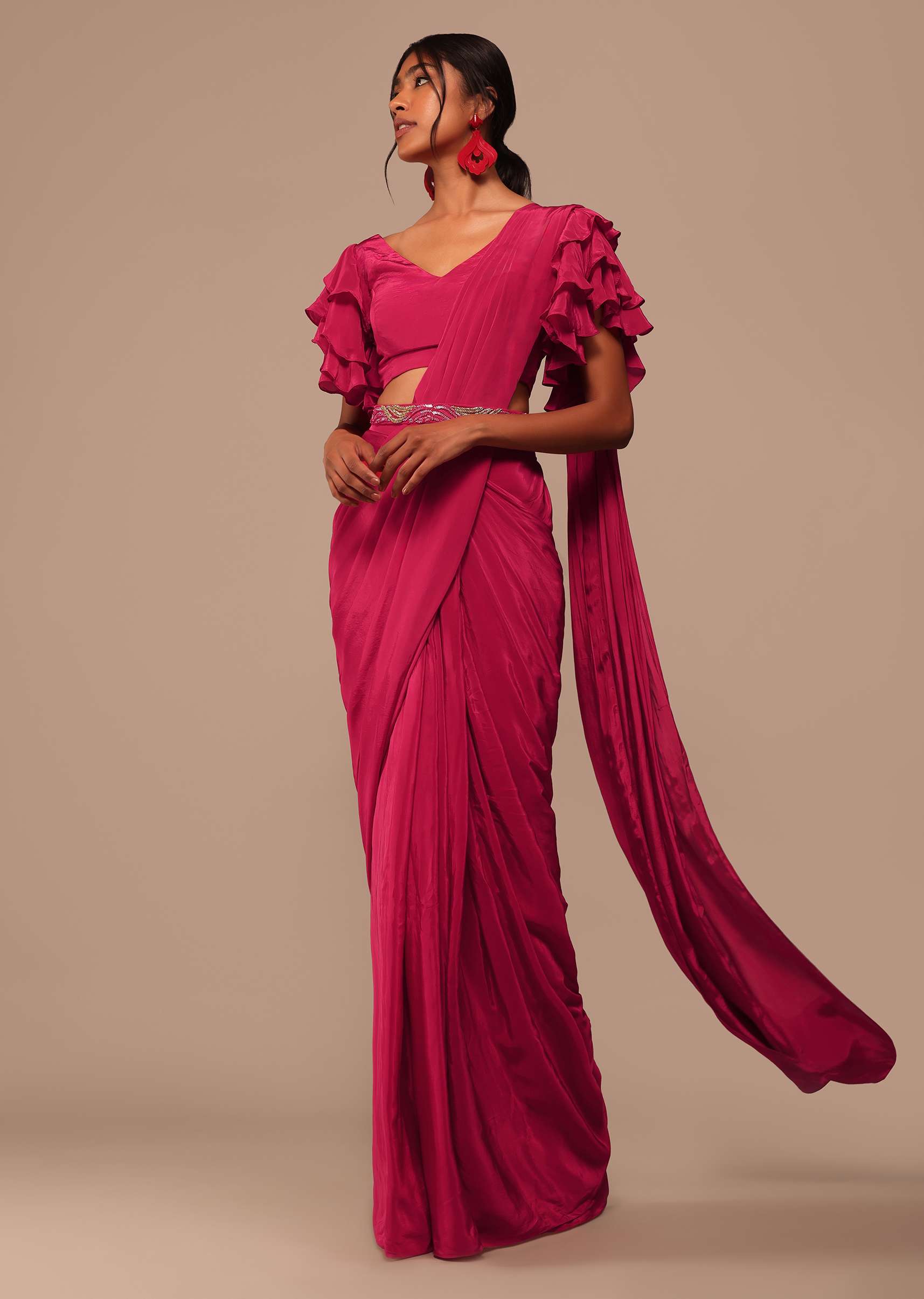 Buy Pink Indo-western Saree And Layered Sleeves Blouse Set In Crepe | KALKI  Fashion India, image size:1715x2410