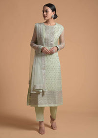 Pista Green Straight Cut Suit With Sequins Buttis All Over And Cord Embroidery On The Placket And Border
