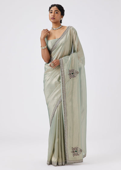 Pista Green Tissue Saree With Cutdana And Butti Embroidery And Unstitched Blouse