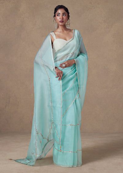 Powder Blue Embroidered Saree With Unstitched Blouse