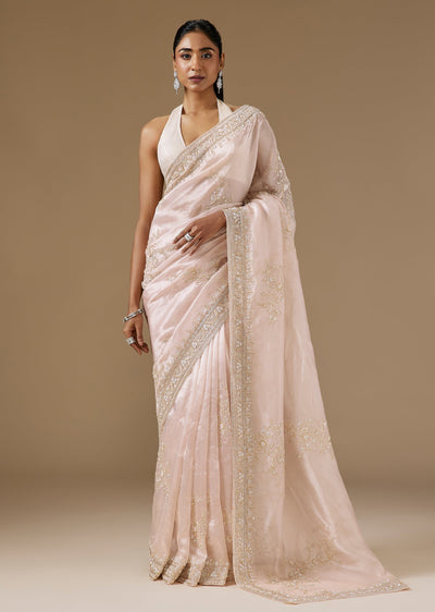 Powder Pink Tissue Saree With Cut Dana And Sequin Embellished Border