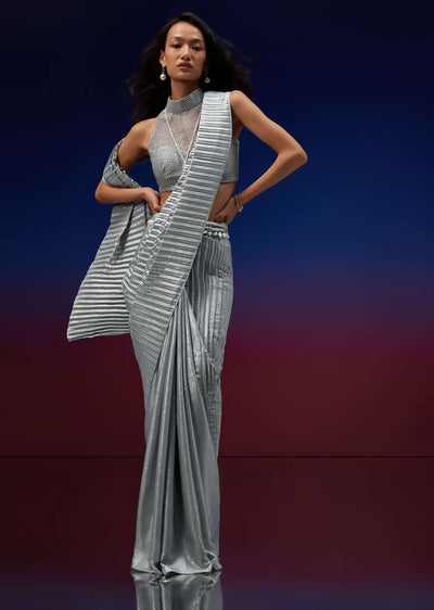powder blue silver foil open saree with net blouse-sg145492 4