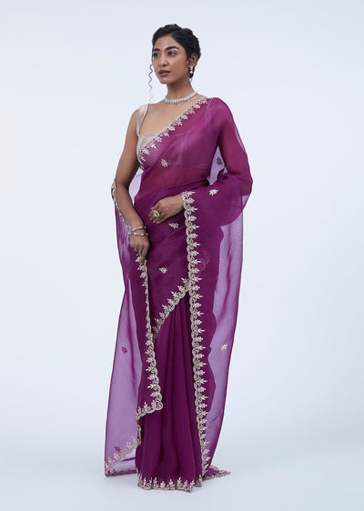 Purple Butti Embroidered Organza Saree With Unstitched Blouse