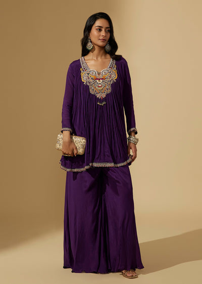 Purple Chinon French Knot Embroidered Kurta And Palazzo Set