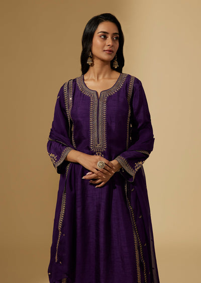 Purple Dola Silk Zari And Sequin Embroidered Anarkali Suit Set