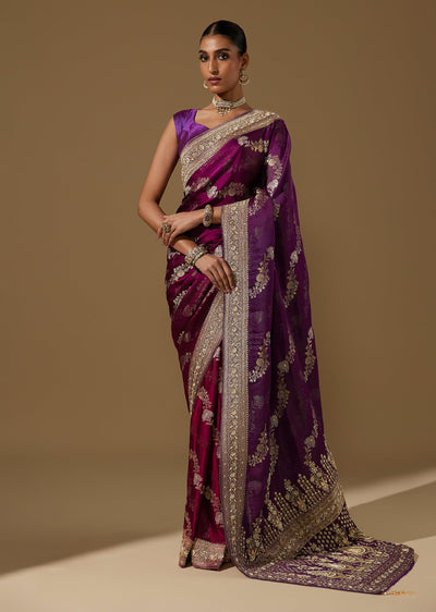 Purple Ombre Satin Saree With Heavy Zardozi And Cutdana Work