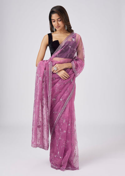 Purple Muslin Organza Saree With Jaal Embroidery