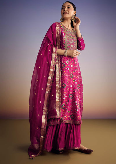 Purple Patola And Bandhani Print Kurta Set With Banarasi Dupatta