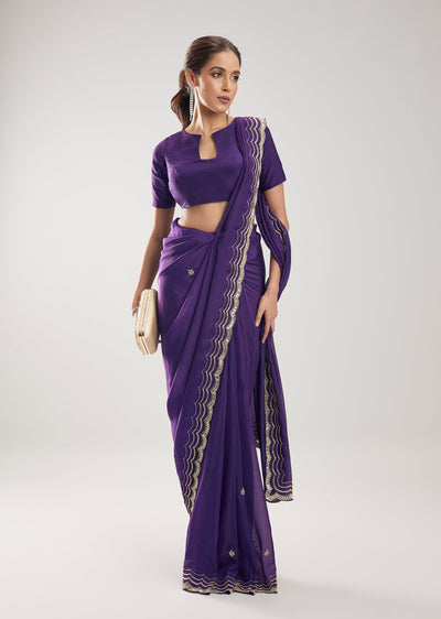 Purple Silk Saree With Cut Dana Embellished Border