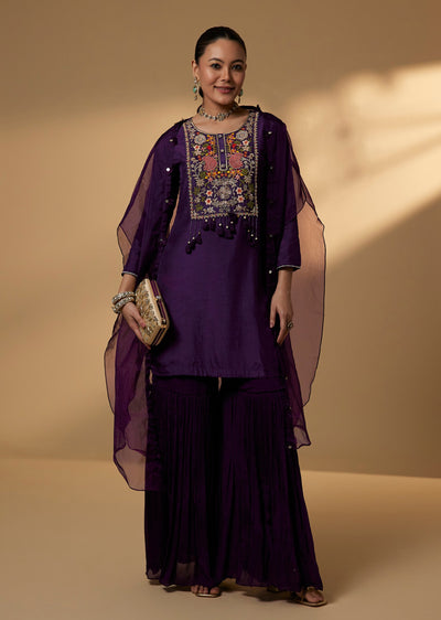 Purple Silk Sharara Suit Set With Organza Cape