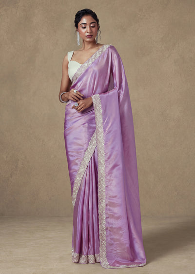 Purple Tissue Saree With Embellished Border And Unstitched Blouse