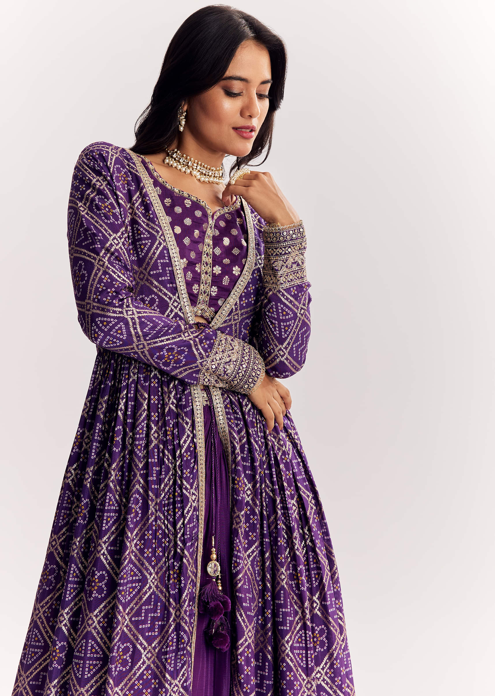 Buy Purple Weave Silk Indowestern Set With Bandhani Print Zari 