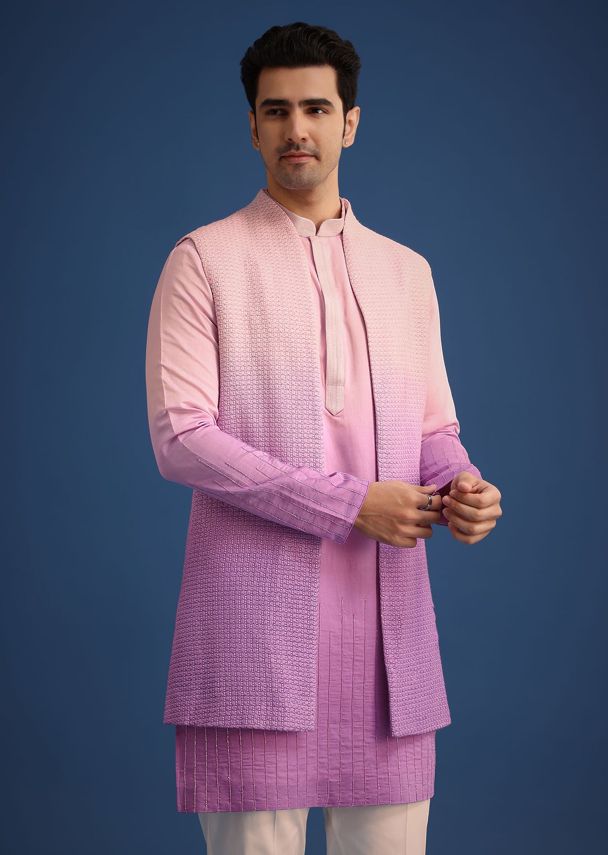 purple ombre silk zardozi work long jacket and kurta set-sg251063 5