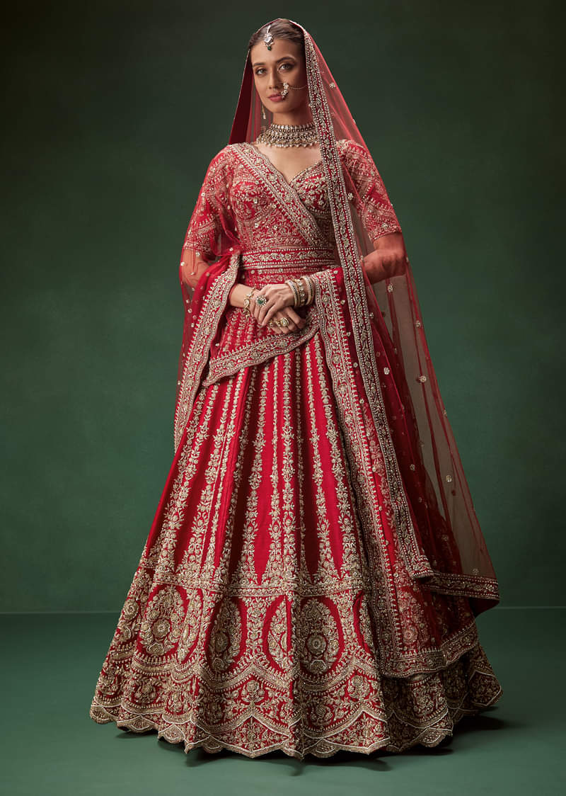 green emerald velvet dress Deep Red Raw Silk Lehenga with Gold Choli and Tulle Dupatta