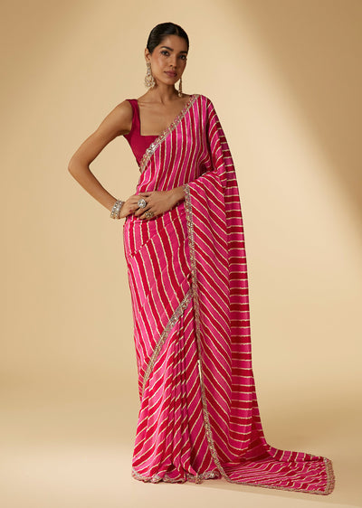 Rani Pink Crepe Lehriya Digital Printed Saree With Abla Embellished Border Pallu