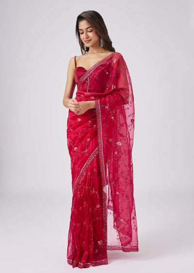 Rani Pink Cutdana Jaal Muslin Organza Saree