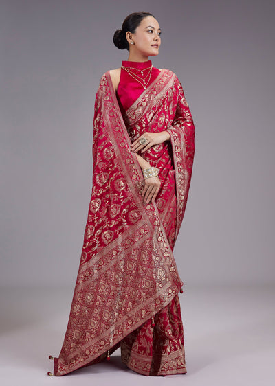 Rani Pink Dola Silk Saree With All Over Zari Woven Jaal Work