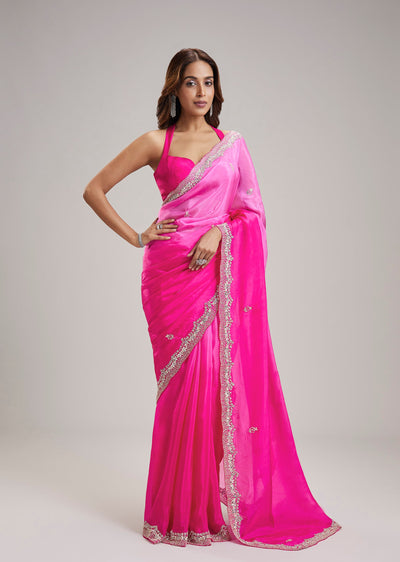 Rani Pink Ombre Organza Saree With Cut Dana And Sequin Embellishments