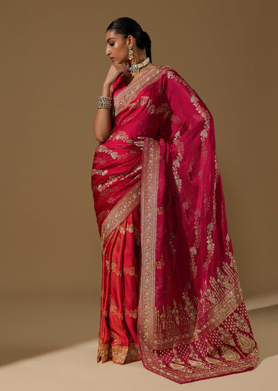 Rani Pink Ombre Satin Saree With Heavy Zardozi Embroidery
