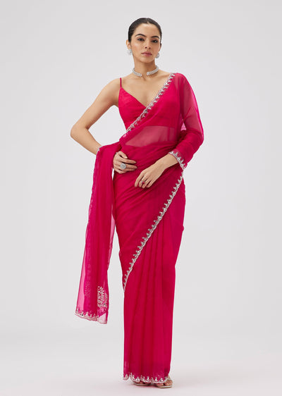 Rani Pink Organza Saree With Cut Dana Embroidered Border And Pallu