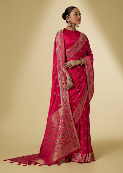Rani Pink Satin Saree With Multicoloured Zari Butti And Floral Border