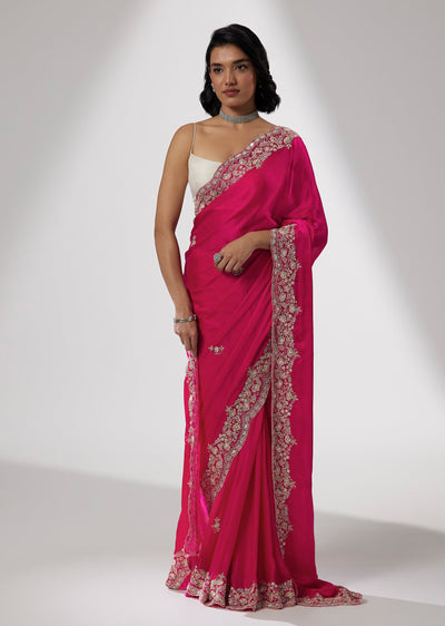 Rani Pink Satin Saree with Sequin and Cutdana Embroidery