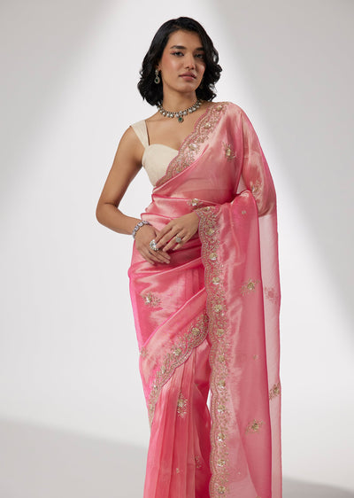 Rani Pink Tissue Saree with Sequin and Cutdana Embroidery