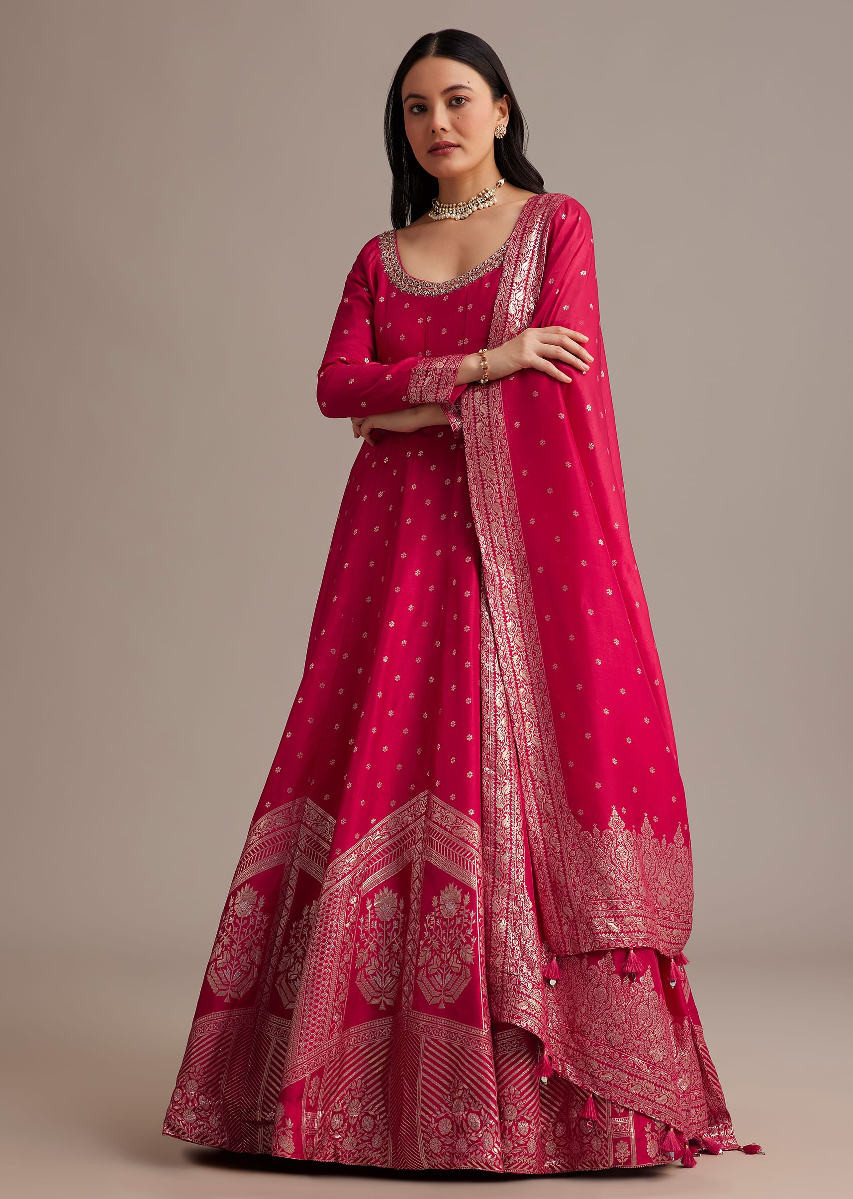 Rani Pink Gold Weave Anarkali Set With Banarasi Dupatta KALKI