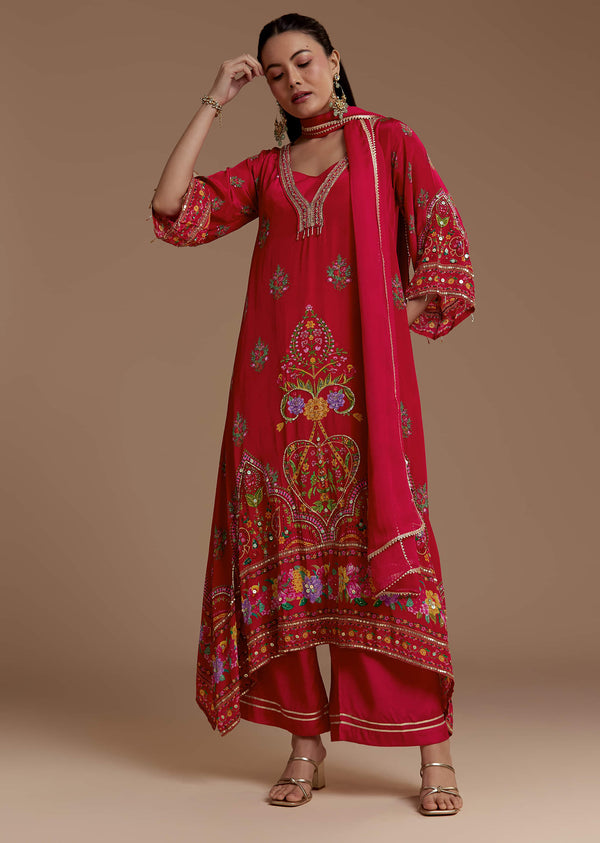 red-asymmetric-floral-print-kurta-set-sg344775-1 807d4f55-9aeb-4e39-ac83-39d43a77f05e