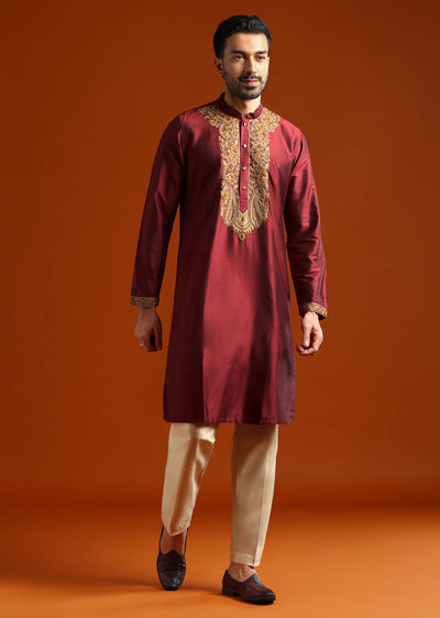 red-banarasi-silk-kurta-set-for-men-with-heavy-hand-embroidery-sg326096-1