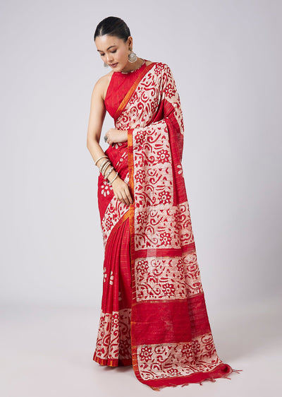 Red Batik Print Saree with Unstitched Blouse
