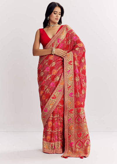red-dola-silk-bandhani-saree-with-multicolor-animal-motifs-and-gota-border-sg314705-2