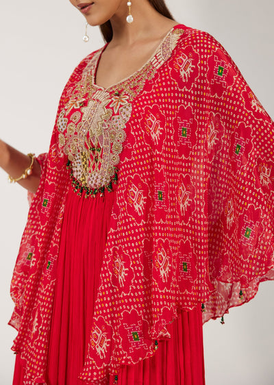 Red Dola Silk Embroidered Anarkali With Bandhani Printed Flared Sleeves