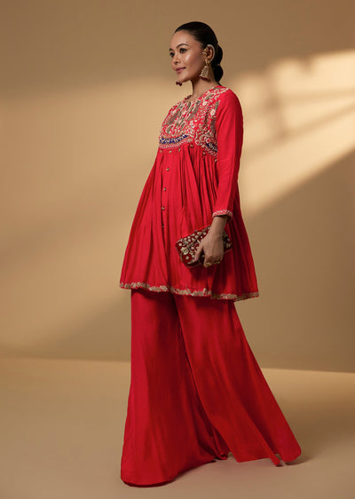 Red Dola Silk Peplum Kurti And Palazzo Set With Floral Embroidery