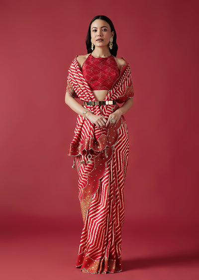 Red Leheriya Printed Saree With Mirror Work Border