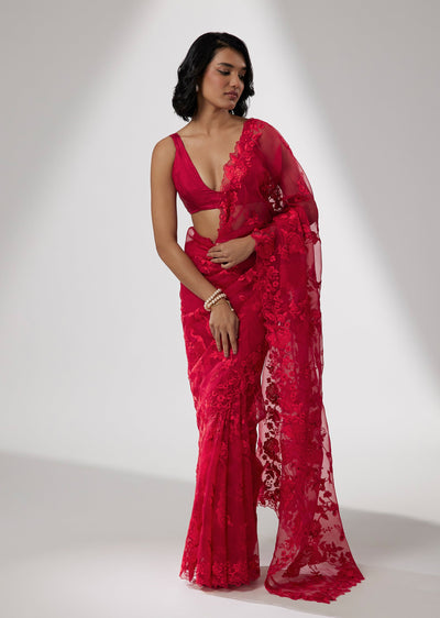 Red Organza Saree with Resham Embroidery