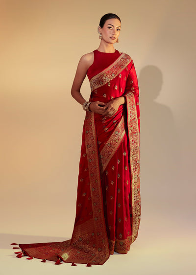Red Satin Butti Embroidered Saree