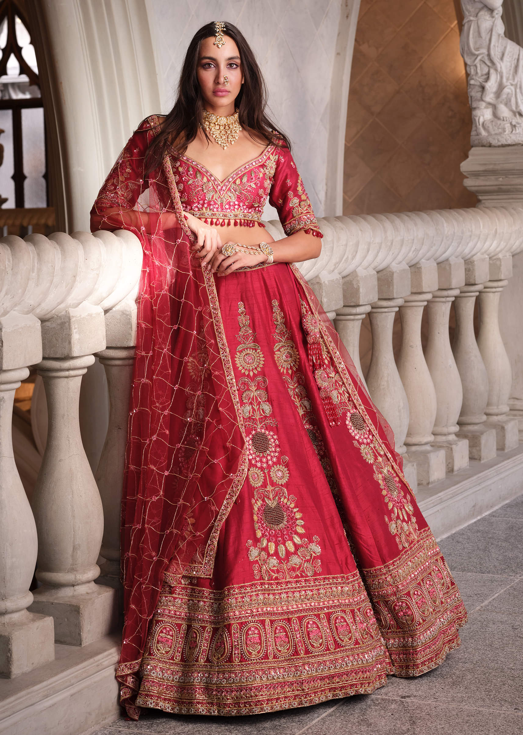 Buy Red Silk Bridal Lehenga With Heavy Zardosi Work and