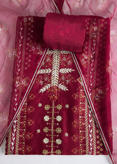 Red Silk Embroidered Dress Material Set With Pink Contrasting Dupatta