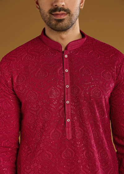 red-silk-kurta-set-for-men-with-intricate-hand-embroidery-sg355134-2