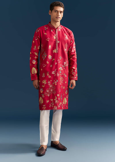 red-silk-kurta-set-for-men-with-thread-embroidery-sg329918-1