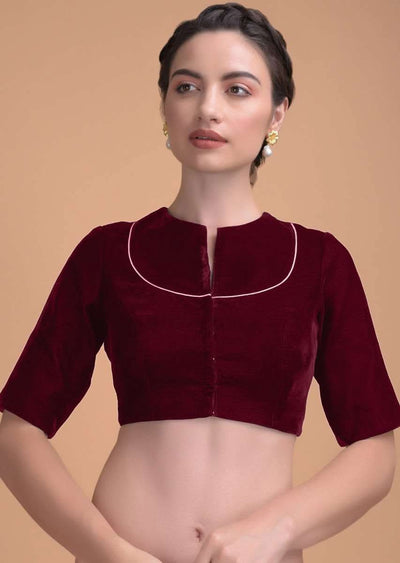 red blouse in velvet with a zari lace defining the neckline online - kalki fashion 3