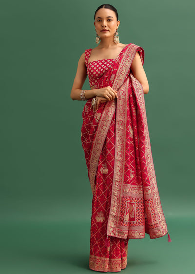 red khaddi georgette saree with zari jaal-sg182429 13